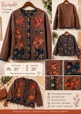 Womens M Reversible Boho Quilted Floral Embro...