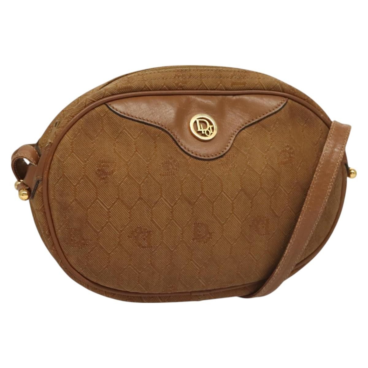 Christian Dior Honeycomb Canvas Shoulder Bag in Brown PVC with Gold Accents Auth BA2984