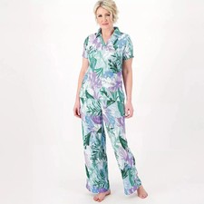 Cuddl Duds Crepe Knit Paradise Polo Top Pant Lounge Set Blue Tropical XL NEW