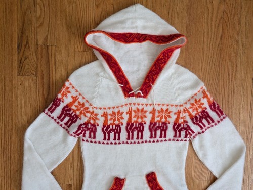 Womens 100% Alpaca Hooded Sweater Aztec Trim Pullover Hoodie SMALL - Picture 3 of 8