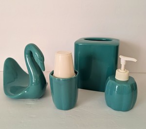 1980s Vintage Jade Bathroom Set Cup Towel Holder Tissue Box Soap Teal Swan 4pc.