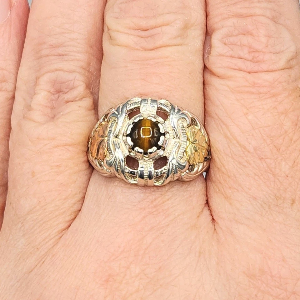 Anillo Coleman Co 14K Black Hill Oro Plata Esterlina Ojo de Tigre Cúpula Talla 7 5.9g Foto 3 de 4