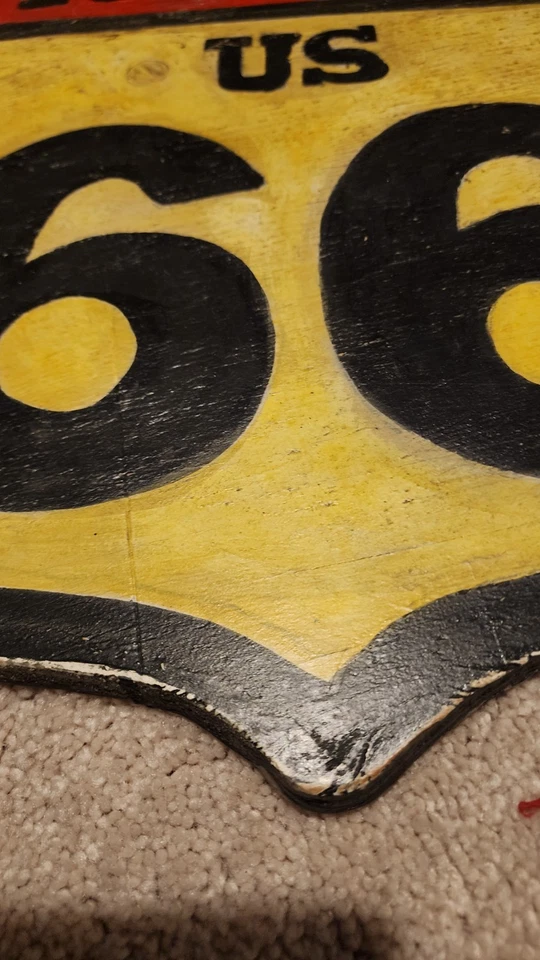 Antique Folk Art Carved Wooden Painted ROUTE 66 Advertising Sign S.F POLK ST ART - Image 2 of 4