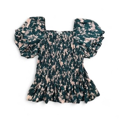Sweet Rain Floral Smocked Blouse Womens 2X Puff Sleeve Boho Cottagecore Peplum