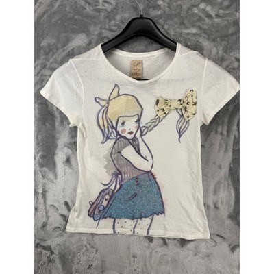 Zara Trafaluc White Cotton Graphic T-Shirt with 3D Bow Detail Size Medium Mens