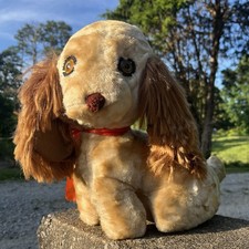 VINTAGE 1950s Cocker Spaniel Plush Puppy Brown-eyed Happy Ribbon Sitting Plush