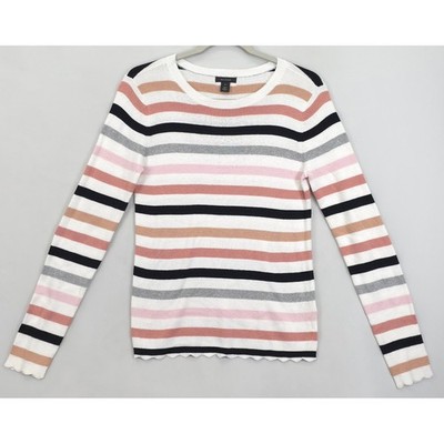 Halogen Sweater Women M Stripe Crew Neck Long Sleeve Scallop Hem Cotton Blend