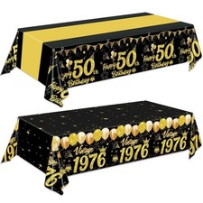 Oigco 2 Pack 50th Birthday Tablecloth, Black and Gold Happy 50th Birthday Dec...