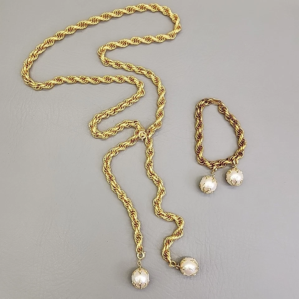 Vintage Celebrity Rope Chain Necklace Bracelet Set White Imitation Pearls Chunky - Image 3 of 4