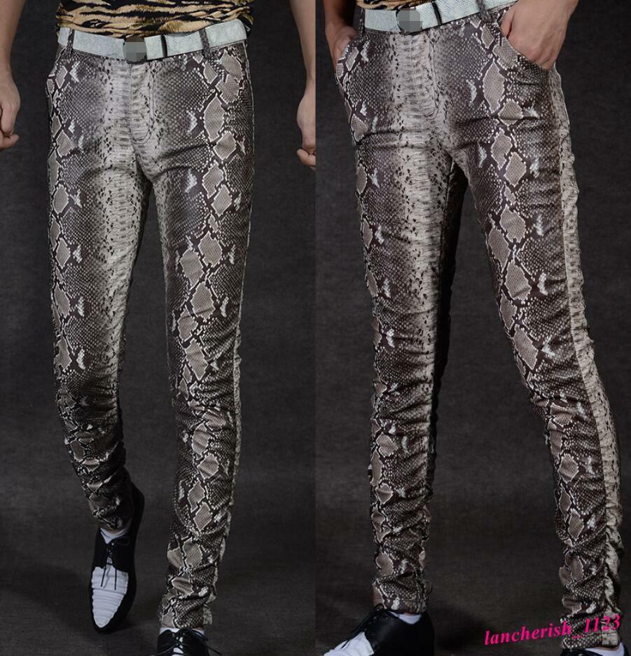 Snakeskin Men's Faux Leather Pants Pencil Trouser Slim Fit