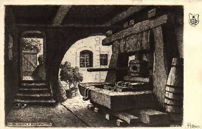 PC CPA HANSI, KÜNSTLER SIGNIERT, UN PRESSOIR A RIQUEWIHR, VINTAGE POSTKARTE (b8070)