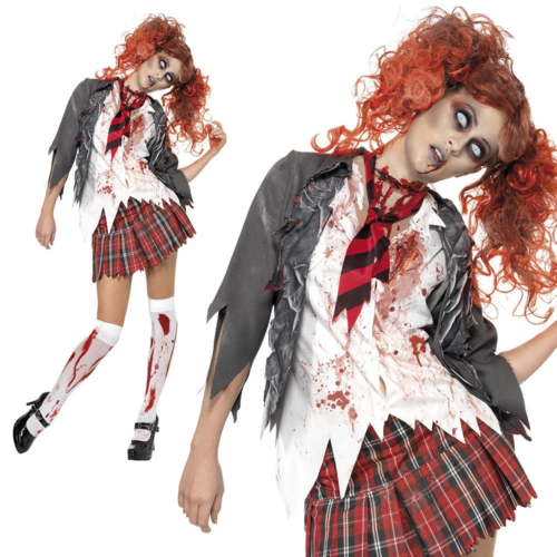 Zombie School Girl Costume Halloween Fancy Dress Adult High School Ladies Outfit - Picture 3 of 6
