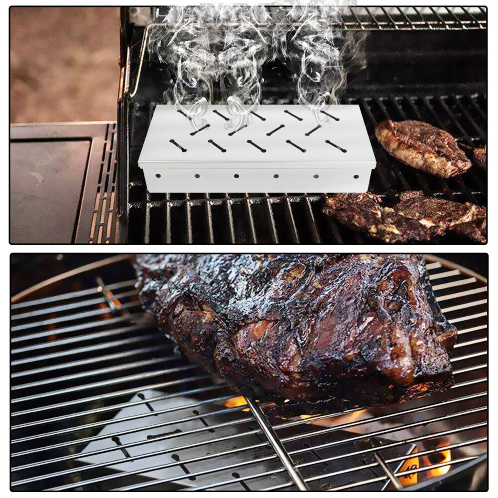 Stainless Steel Smoker Box For BBQ Wood Chips Barbecue Grilling Meat
