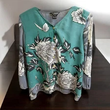 Citron Santa Monica Teal Silk Floral Print Kimono Inspired Blouse Womens Size M