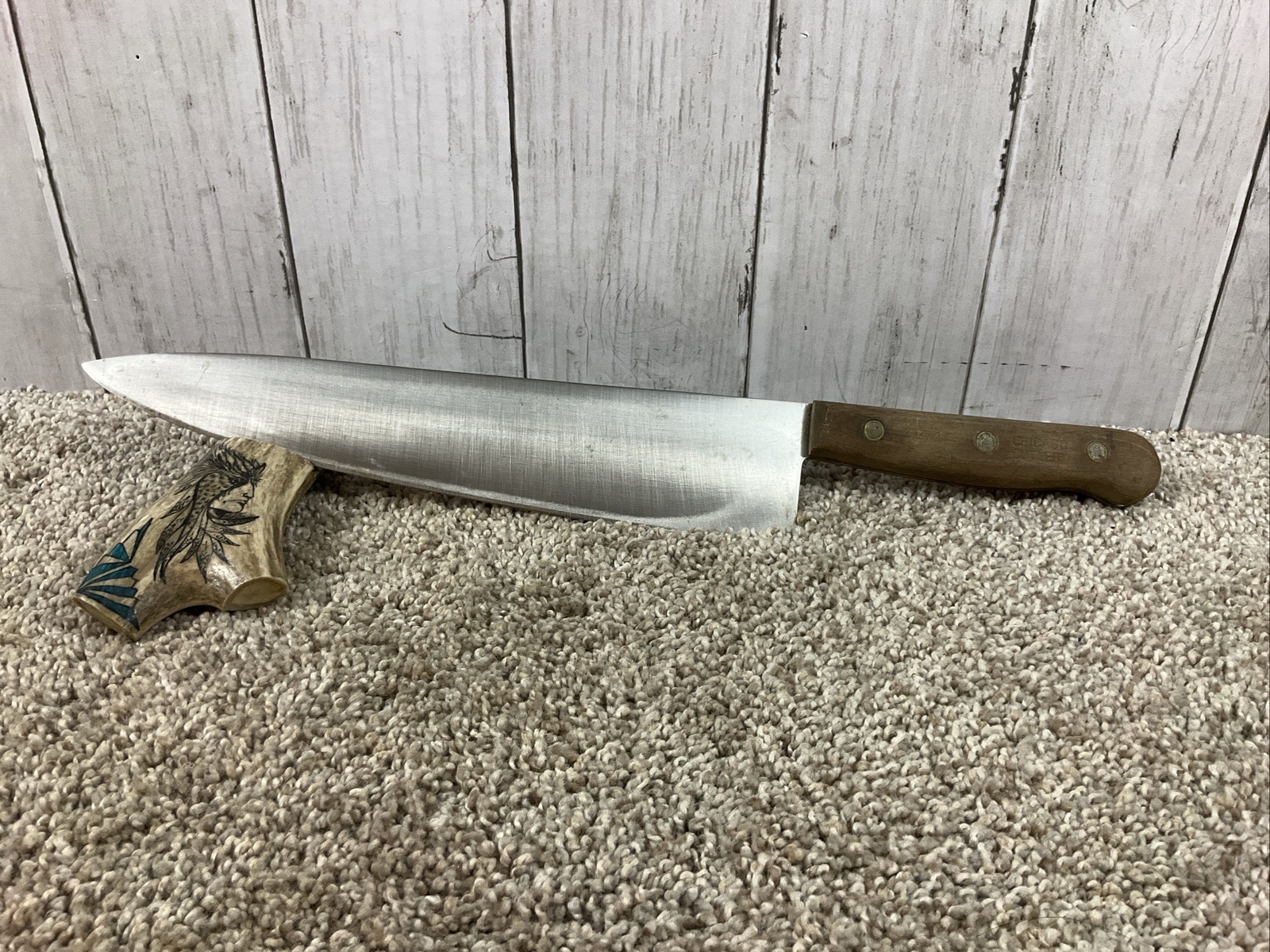 VINTAGE CHICAGO CUTLERY CHEF KNIFE 44S WOOD HANDLE 10" BLADE FULL TANG