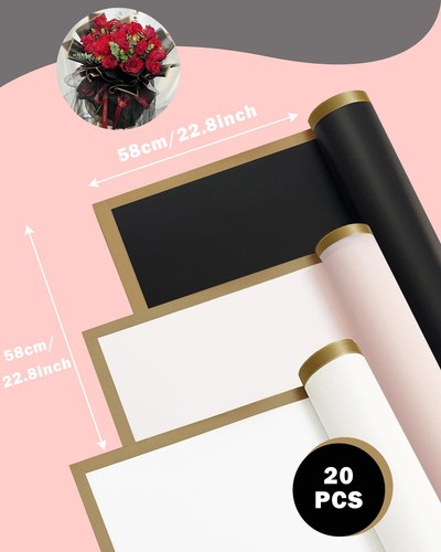 Flower Wrapping Paper Golden Edge Waterproof Bouquet Paper 22.8x22.8 inch 20pcs - Picture 2 of 6