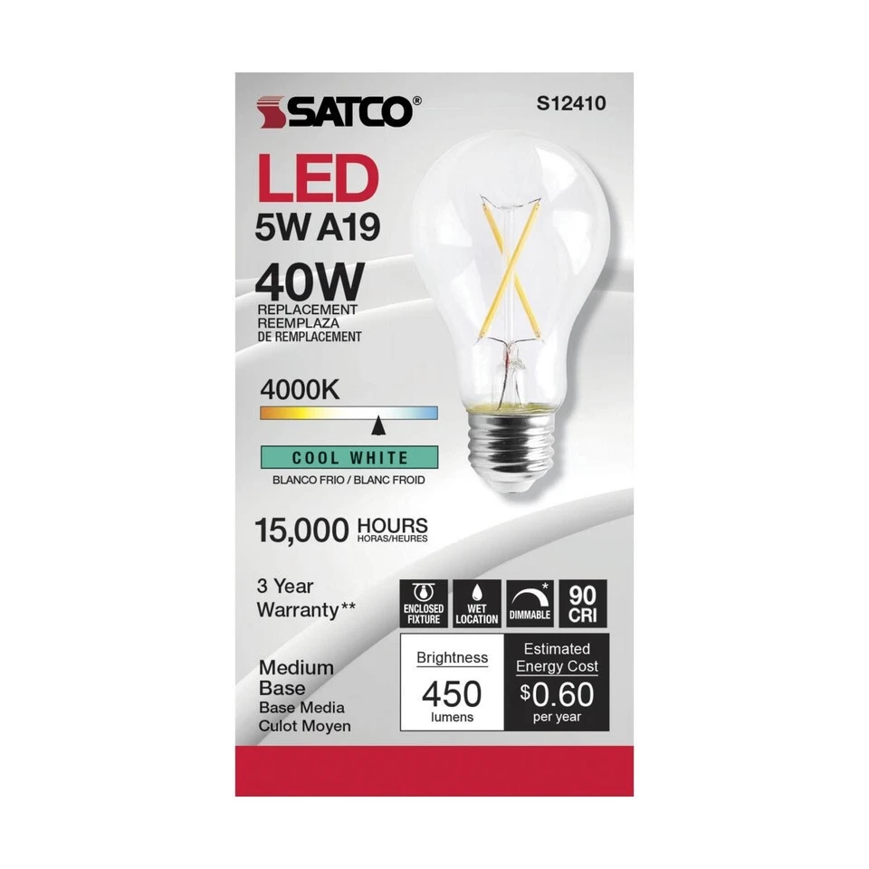 Satco S12410 - 5 Watt LED A19 Clear LED Bulbs - 4000K - 120 Volt (6 pack) - Image 2 of 4