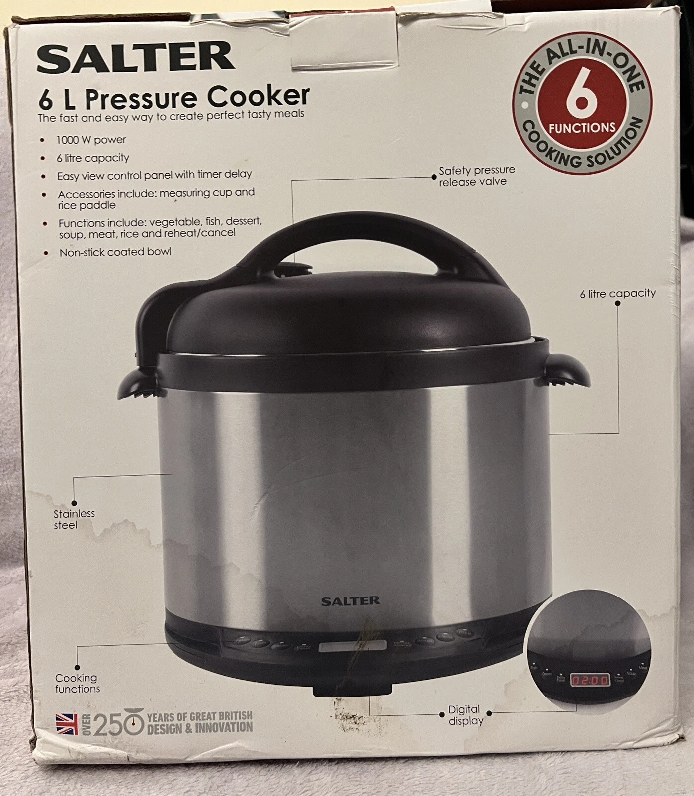 Salter 6L Pressure Cooker 1000W 6 Functions Digital Display Stainless Steel