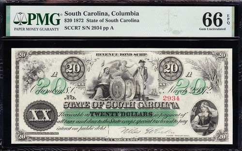 Amazing GEM++ UNC Columbia, SC 1872 $20 State Obsolete Note! PMG 66 EPQ! 2934 - Picture 2 of 3