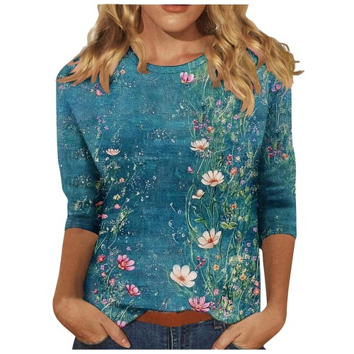 Women's Fashion Casual Three-quarter Sleeve Floral Print Neck Top - Picture 9 of 42