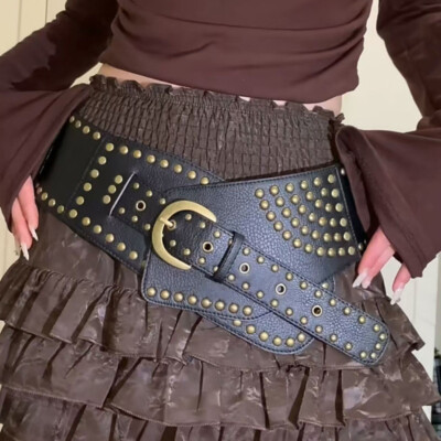Metal Rivet Asymmetric Faux Leather Wide Waist Belt Adjustable Corset Belt  Women