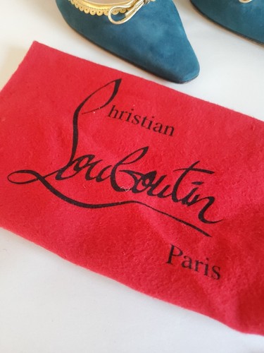 Christian Louboutin Teal Suede Gold Trim Mid High Heel Pumps W Bag 39.5 US 8.5 - Picture 2 of 23