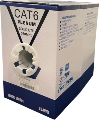 Bulk 1000ft Cat6 Plenum CMP 23AWG UTP 550Mhz Ethernet LAN Cable