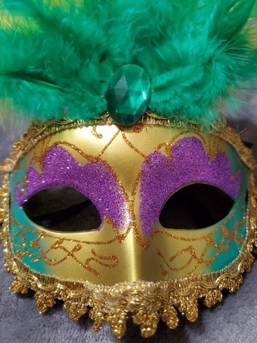 New Orleans Masquerade Ball Mask - Mardi Gras Venetian Mask Purple Green & Gold - Picture 5 of 5