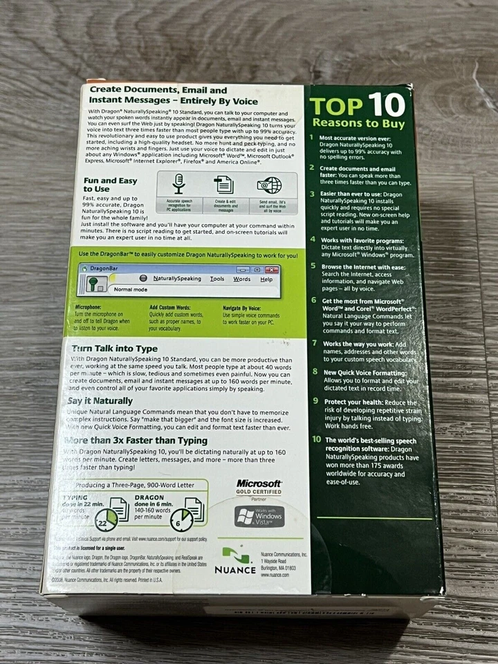Dragon Naturally Speaking 10 Standard Speech Recognition Software (PC) SEALED - Image 2 of 4