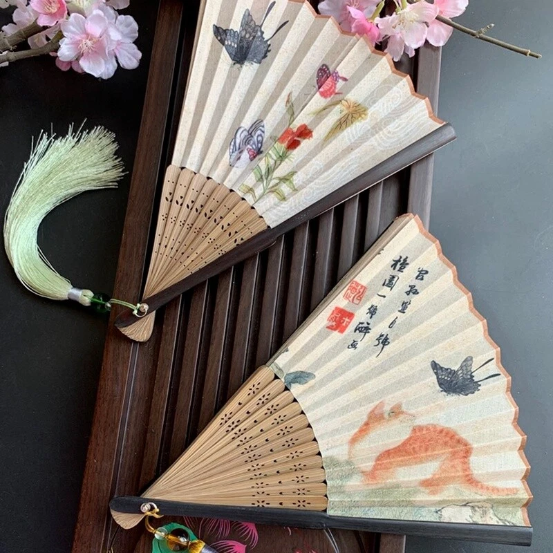Ventilador dobrável haste de bambu flor borboleta dança mão ventilador enfeites vintage chique - Imagem 4 de 4