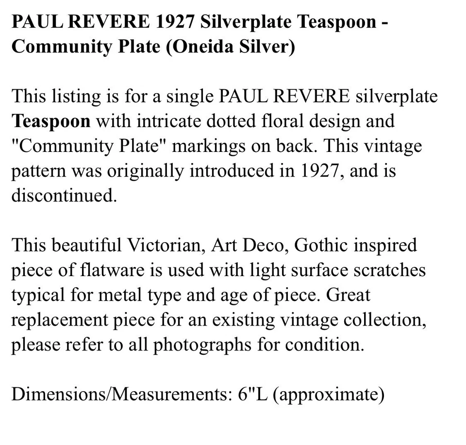 Cucharadita Paul Revere 1927 plateada - Plato comunitario (plata Oneida) Foto 3 de 4