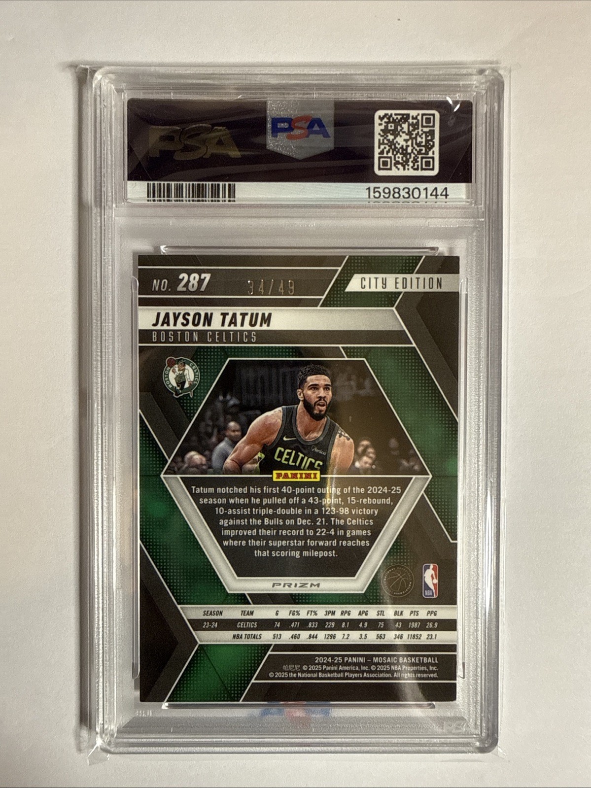Jason Tatum 2024-25 Panini Mosaic Orange Ice Mosaic Prizm#34/49 Celtics PSA 8 view 2