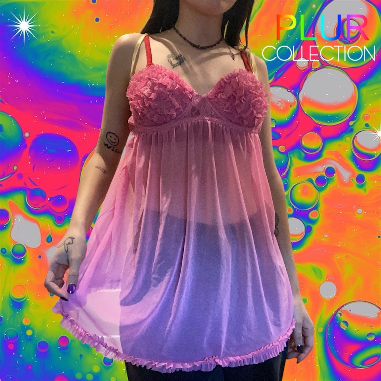 Vintage Y2k Fredericks of Hollywood Hot Pink Ruffle Laced Babydoll Top
