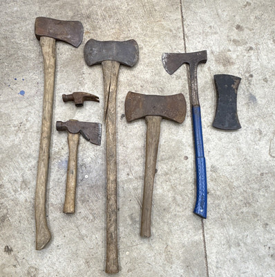 Lot of 6 Vintage Original Axe & Hatchet Heads w/ Wooden Handles - Assorted