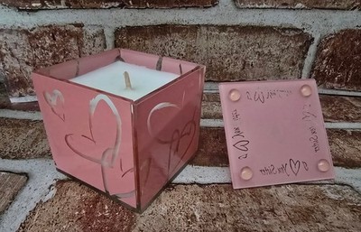 Vintage Style Pink Glass Cube Candle Unscented Hearts Lid Sister Gift Novelty