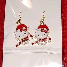 Hello Kitty Christmas Holiday Holding Candycane Gold Plated Dangle Drop Earrings