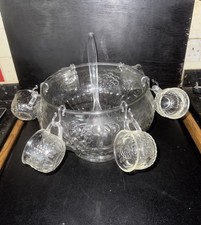 Vintage Jeannette Glass Punch Bowl Set - Fruit Design - Bowl 6 Cups/Hooks Ladle
