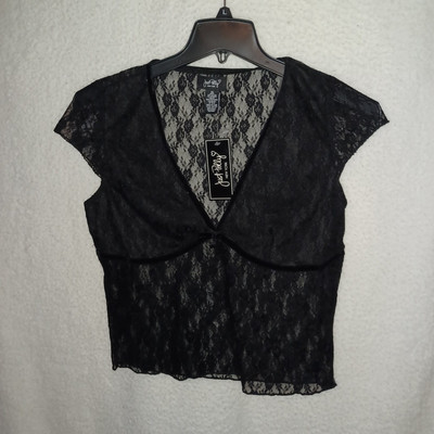 Just Polly Size XL Black Mesh Coquette Y2K Inspired Gothic Lace Top Blouse (EE)