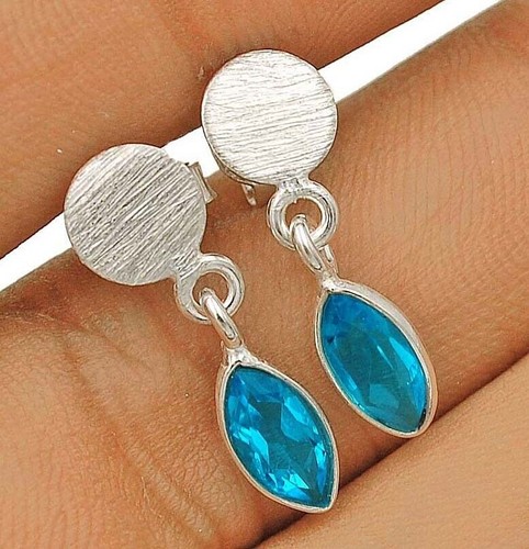 Natürlicher makelloser Blautopas 925 massiv Sterlingsilber Ohrringe Schmuck @B10-2