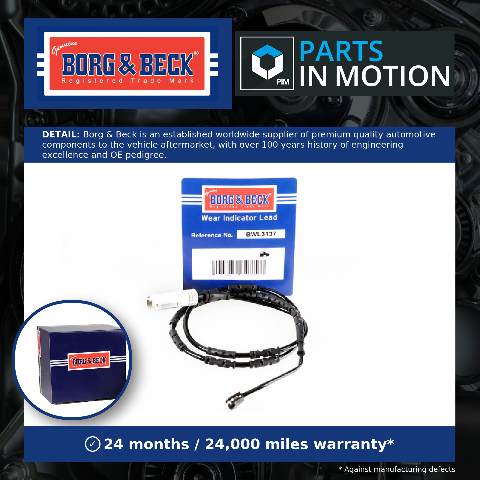 Brake Pad Wear Indicator Sensor Rear BWL3137 Borg & Beck Warning Contact Wire
