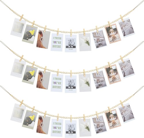 Hängendes Foto Display Wanddeko, 3 Stück Boho Holzperlen Girlande Natur