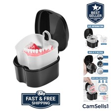 Black Denture Bath Case Cup Box Holder Storage Soak Container with Strainer B...