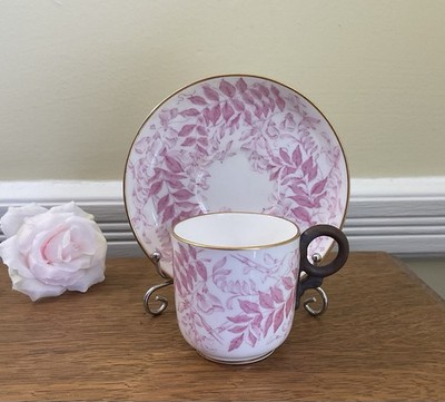 Antique 1886 Royal Worcester Bone China Demitasse Cup & Saucer Pink Leaf Chintz