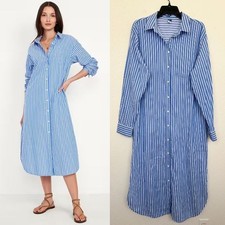 Old Navy Striped Midi Shirt Dress Blue Midi Cotton Work Women's Medium Tall NEW