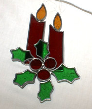 VTG Candles  Holly  Berry Leaded Stained Art Glass Christmas Suncatcher 7.5  