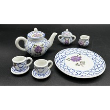 Porcelain Miniature Tea Set Purple Floral Blue Lattice 10 Pc Dollhouse Decor Vtg
