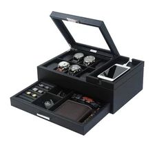 Mens Jewelry Box Valet Tray with Drawer and Charging Station Organizer