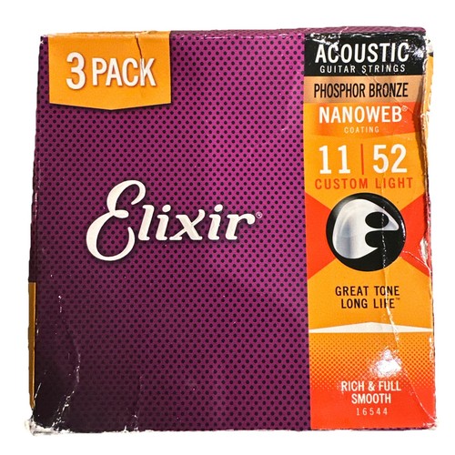 Paquete de 3 cuerdas acústicas Elixir 16544 Nanoweb luz personalizada 11-52 bronce fósforo