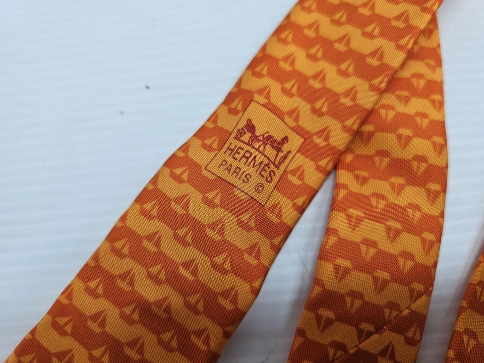 Corbata Hermes Paris 100% Seda Naranja Amarillo Patrón Velero Hecho en Francia Foto 2 de 4