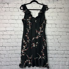Calme Y2K 90s Black Red Floral Midi Dress Sleeveless Ruffled Neckline Sz Medium